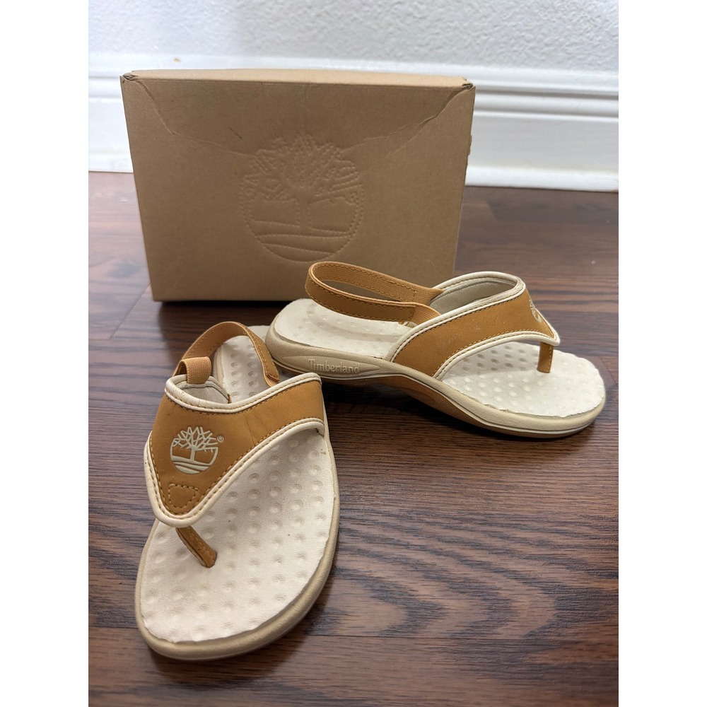 Timberland Kids Thong Sandals Wheat Cream Elastic Back Strap Logo Size 12